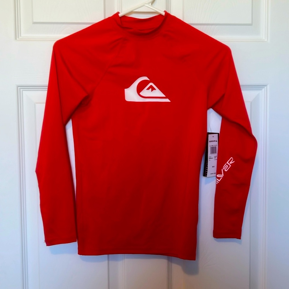 NWT Quicksilver red long sleeve rash guard/wicked shirt. UPF 50+